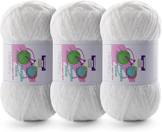 3 Skeins Soft Fluffy Velvet Yarn, Chenille Chunky Yarn for Hand Knitting and Crocheting DIY Craft, Amigurumi Crochet Yarn（3×196.8yds, 3×3.5oz） (Pure White)