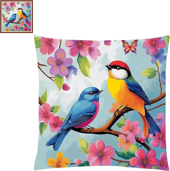Lovxvouy Pillow Cross Stitch Kits for Adults Beginners-Preprinted Needlepoint Kit Stamped Crossstitching Kits 11CT Cross-Stitch Kit Stitches Kit Embroidery Kits-Flower bird 18x18 inchs