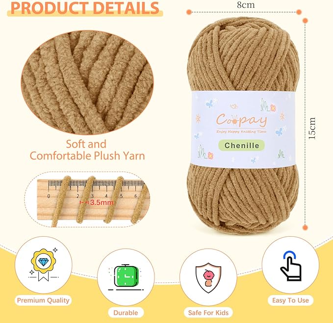 Coopay Chenille Yarn for Crocheting/Knitting, 8 Pack Medium Worsted Weight Yarn of 50g/1.76oz - Total 520yd, Soft Velvet Crochet Yarns for Plush Toys, Baby Blankets, Scarves (Brown)