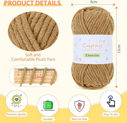 Coopay Chenille Yarn for Crocheting/Knitting, 8 Pack Medium Worsted Weight Yarn of 50g/1.76oz - Total 520yd, Soft Velvet Crochet Yarns for Plush Toys, Baby Blankets, Scarves (Brown)