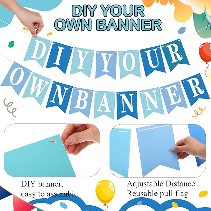 Mooliwe 171 Pcs DIY Custom Banner Kit Make Your Own Customizable Sign for Birthday Wedding Party Decoration Include 20 Paper Pennant 148 Letters and Numbers 1 Rope 2 Threading Device(Blue Series)