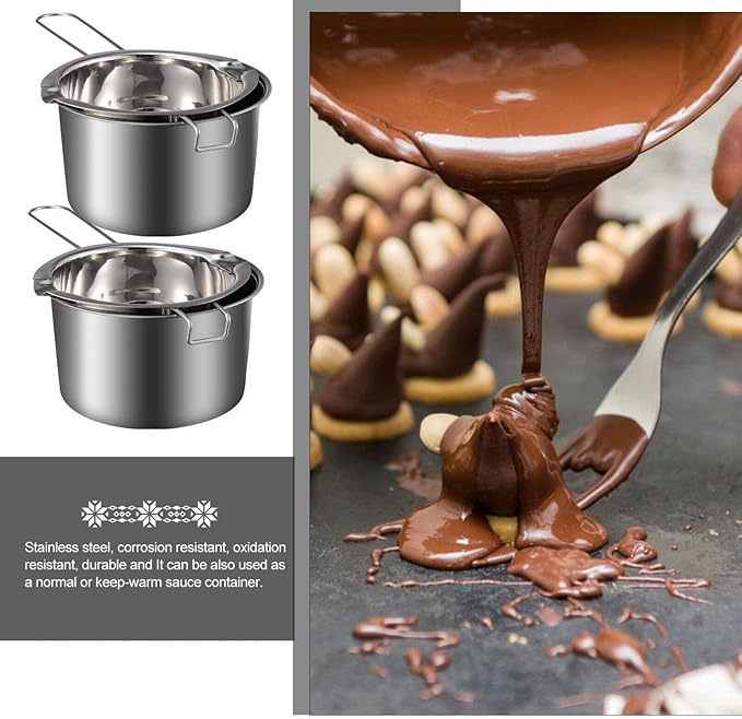 1 Set Double Boiler Pot Stainless Steel Water Boiling Melting Pot with Dual Pour Spout for Candle Butter Chocolate Cheese Caramel 400ml