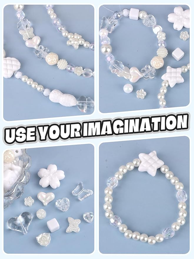 150PCS Acrylic Pastel Beads for Jewelry Making, Kalolary Colorful Bow Butterfly Flower Kawaii Plastic Candy Heart Cute Macaroon Aesthetic Beads for Bracelet Necklace DIY Supplies (White)