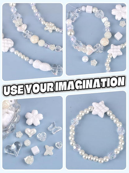 150PCS Acrylic Pastel Beads for Jewelry Making, Kalolary Colorful Bow Butterfly Flower Kawaii Plastic Candy Heart Cute Macaroon Aesthetic Beads for Bracelet Necklace DIY Supplies (White)