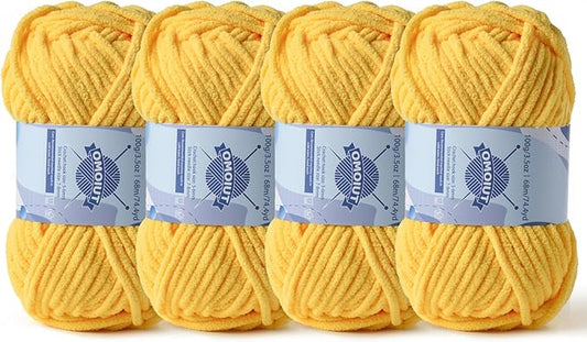 Chunky Chenille Yarn for Crocheting，Baby Yarn for Crocheting Soft Blankets，Bulky Yarns for Crochet Amigurumi，4×100g (4×74.3yds) Fluffy Velvet Yarns for Hand Knitting (4 Yellow)