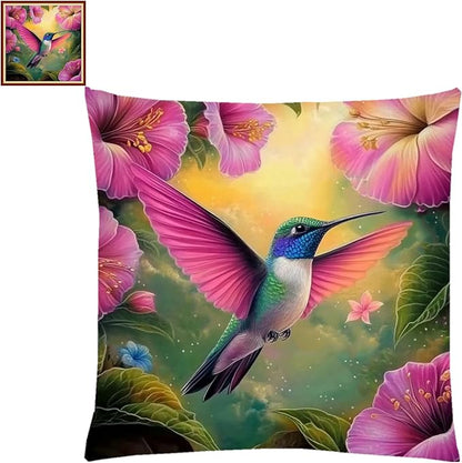 Lovxvouy Pillow Cross Stitch Kits for Adults Beginners-Preprinted Needlepoint Kit Stamped Crossstitching Kits 11CT Cross-Stitch Kit Stitches Kit Embroidery Kits-Hummingbirds collect honey 18x18 inchs