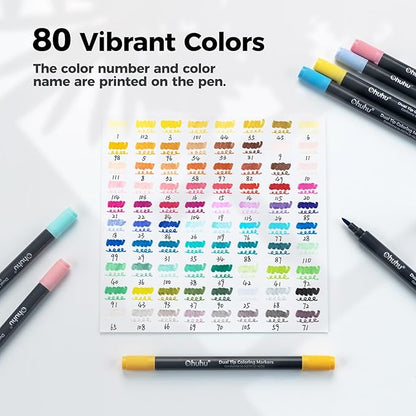 Ohuhu Markers Brush Tip 80-colors with 72-sheet Coloring Book - Double Tipped Markers for Adults Coloring Books - Art Marker Set Bundles with 100% Bleed-proof Pages - Fine & Brush Dual Tips
