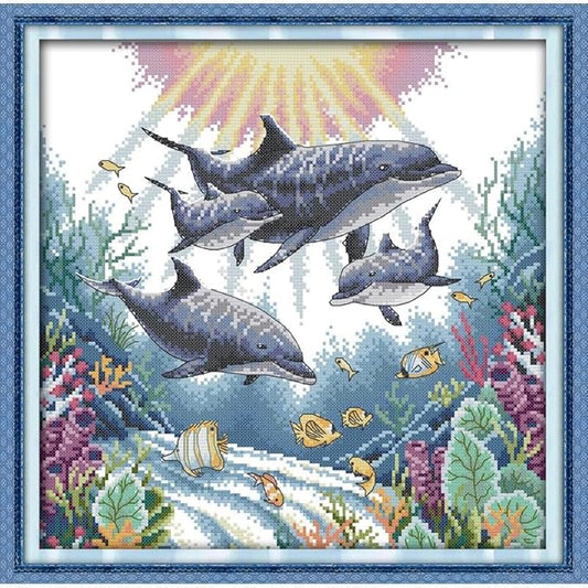 Funcrostitch Counted Cross Stitch Kits for Beginners,14ct Unprinted Pattern Embroidery Kit Dmc Cotton Threads Needleworks for Adults-Dolphin 14.2"×14.2"