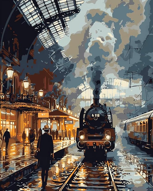Moohue 14ct Counted Cross Stitch Kits for Adults Train Station Printed Stamped Cross Stitch Patterns Kits Cross Stitch Supplies (Train Station)