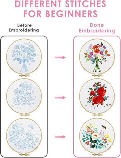 TINDTOP Embroidery Kit for Adult Beginners, Flowers Embroidery Kit for Beginners Include Embroidery Cloth Hoops Threads for Craft Lover Hand Stitch with Embroidery Skill Techniques