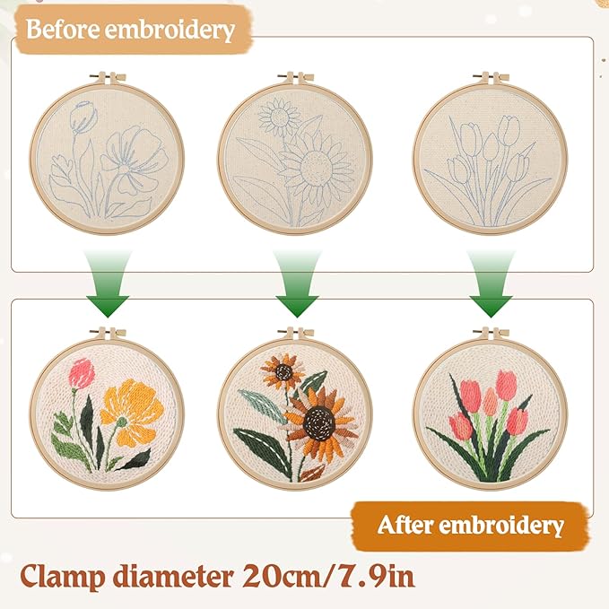 Lyksgir 3 Sets Punch Needle Kits, Punch Needle Embroidery Starter Kits for Adults Beginners, DIY Easy Flower Embroidery Set with Printed Pattern, Hoops, Yarns, Instruction and Threader Tools