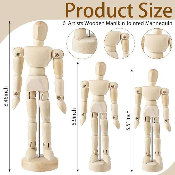 Menkxi 6 Pcs Artist Mannequin Model Wooden Manikin Drawing Moveable Figure with Stand Flexible Jointed Mannequin Human Drawing Model for Artists Sketching Painting Home Decoration