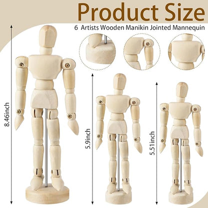 Menkxi 6 Pcs Artist Mannequin Model Wooden Manikin Drawing Moveable Figure with Stand Flexible Jointed Mannequin Human Drawing Model for Artists Sketching Painting Home Decoration