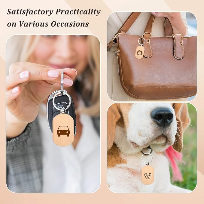 70 PCS Wooden Keychain Blanks, Wood Engraving Blanks Key Chain, Unfinished Rectangle Round Wood Key Tag for DIY Crafts