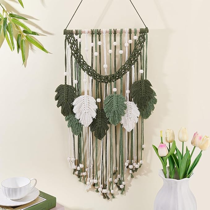 ORIGACH DIY Macrame Monstera Wall Hanging Kit for Beginner Adults, Easy Macrame Leaves Wall Hanging kit with Instruction Boho Macrame Tapestry for Living Room Bedroom Decor, Beige Green and Dark Green