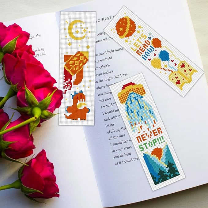 ORIGACH 6 Set Dinosaurs and Aliens Cross Stitch Bookmark Kit for Beginner with Backing Felt Floss Instructions DIY Stamped Embroidery Bookmark Kit for Adults, Book Lovers