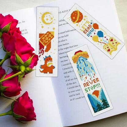 ORIGACH 6 Set Dinosaurs and Aliens Cross Stitch Bookmark Kit for Beginner with Backing Felt Floss Instructions DIY Stamped Embroidery Bookmark Kit for Adults, Book Lovers