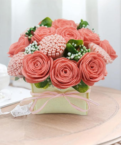 BAZIMA DIY Felt Flower Art Craft Kit, Pink Rose and Carnation Pot Bonsai Kit, Floral Gifts, Beginner Craft Kit, Arrange Pre-Cut Flowers and Foliage