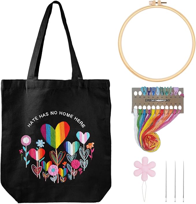Louise Maelys LGBT Love Embroidery Kit Canvas Tote Bag for Beginners,Cross Stitch Kits for Adults,DIY Crafts Needlepoint,Women Shopping Reusable Grocery Bags