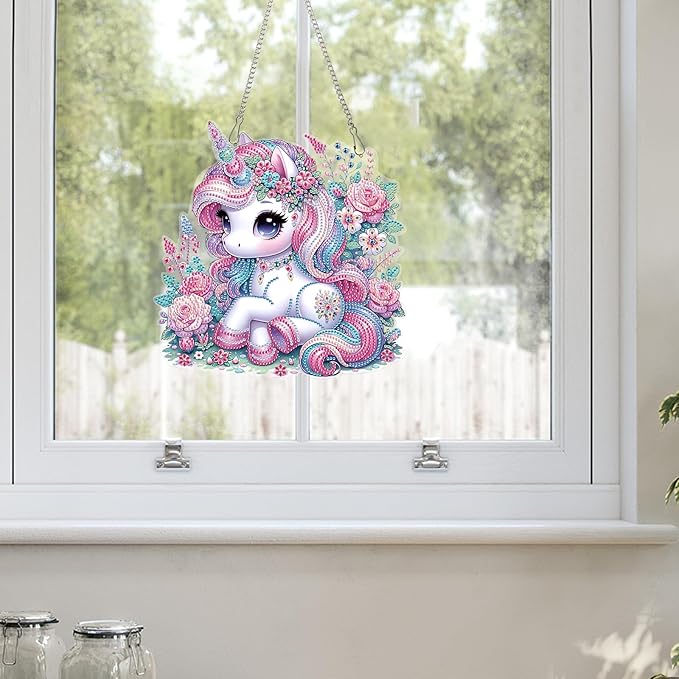 AiYuanzsh Unicorn Diamond Painting Hanging Decoration – 5D DIY Large Diamond Art Kit for Adults, Pink Fantasy Unicorn Resting in Floral Meadow, 24.5 x 25cm Wall Ornament for Room, Gift & Home Decor