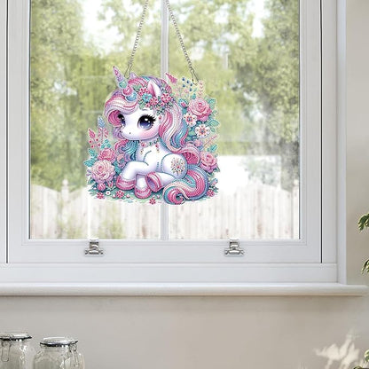 AiYuanzsh Unicorn Diamond Painting Hanging Decoration – 5D DIY Large Diamond Art Kit for Adults, Pink Fantasy Unicorn Resting in Floral Meadow, 24.5 x 25cm Wall Ornament for Room, Gift & Home Decor