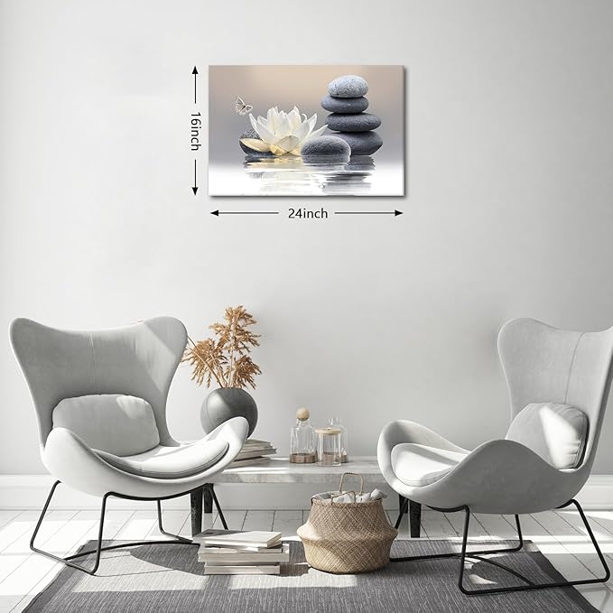 Zen Stone Framed Canvas Wall Art, White Flower and Yellow Butterfly on Lake Wall Paintings for Bathroom Living Room Bedroom Modern Spiritual Yoga Spa Canvas Prints Picture Wall Decor Artwork 16x24 inch