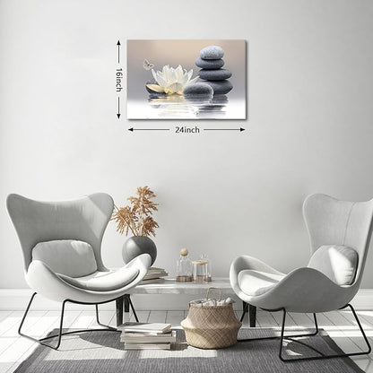 Zen Stone Framed Canvas Wall Art, White Flower and Yellow Butterfly on Lake Wall Paintings for Bathroom Living Room Bedroom Modern Spiritual Yoga Spa Canvas Prints Picture Wall Decor Artwork 16x24 inch