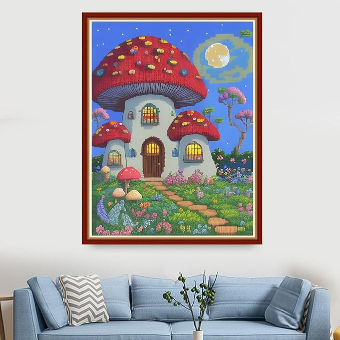 Findvoor Stamped Cross Stitch Kits for Beginners Full Range of Cross Stitching Embroidery Pattern for Adults, 11CT DIY Needlepoint Embroidery Starter Kits-Mushroom Moon 15.7x19.7 inch