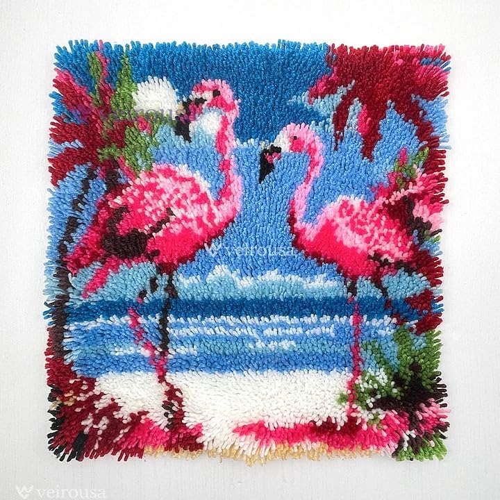veirousa Flamingos Latch Hook Kits for Adults, Beginners DIY Hooked Pillow Kit Pre-Printed Pillowcase Hook and Latch Rug Kits Cross-Stitch Cushion Cover for Home Sofa Decoration 17x17 inch - Image 2