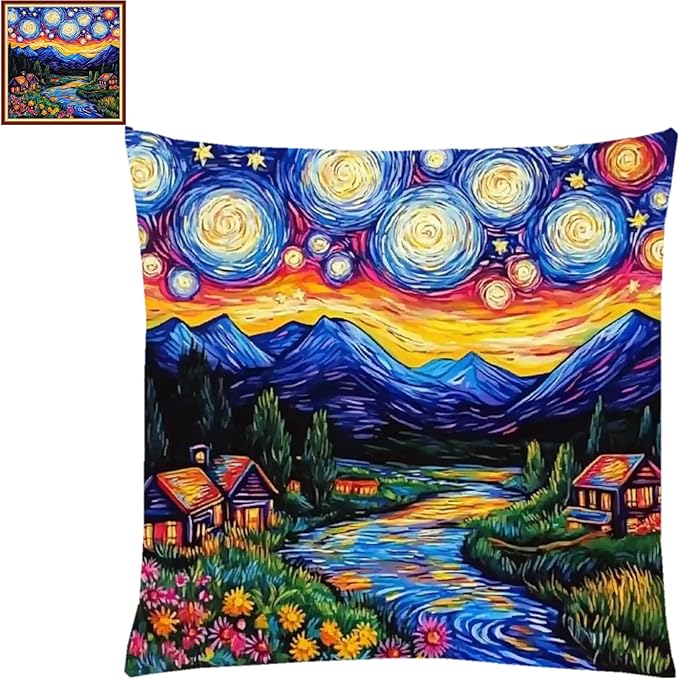 Lovxvouy Pillow Cross Stitch Kits for Adults Beginners-Preprinted Needlepoint Kit Stamped Crossstitching Kits 11CT Cross-Stitch Kit Stitches Kit Embroidery Kits-Van Gogh Starry Sky Flowers 18x18 inchs