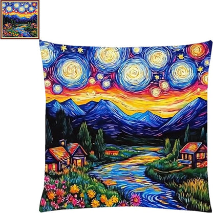 Lovxvouy Pillow Cross Stitch Kits for Adults Beginners-Preprinted Needlepoint Kit Stamped Crossstitching Kits 11CT Cross-Stitch Kit Stitches Kit Embroidery Kits-Van Gogh Starry Sky Flowers 18x18 inchs