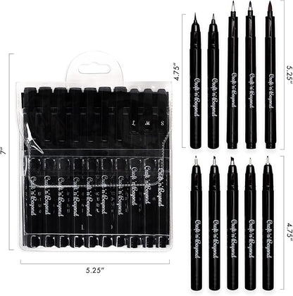Craft 'n' Beyond Calligraphy Brush Pens Pack of 10 Markers for Hand Lettering, Art Drawing, Sketching, Scrapbooking, Writing, Journaling tip - Beginner Kit with Fadeproof Black Ink