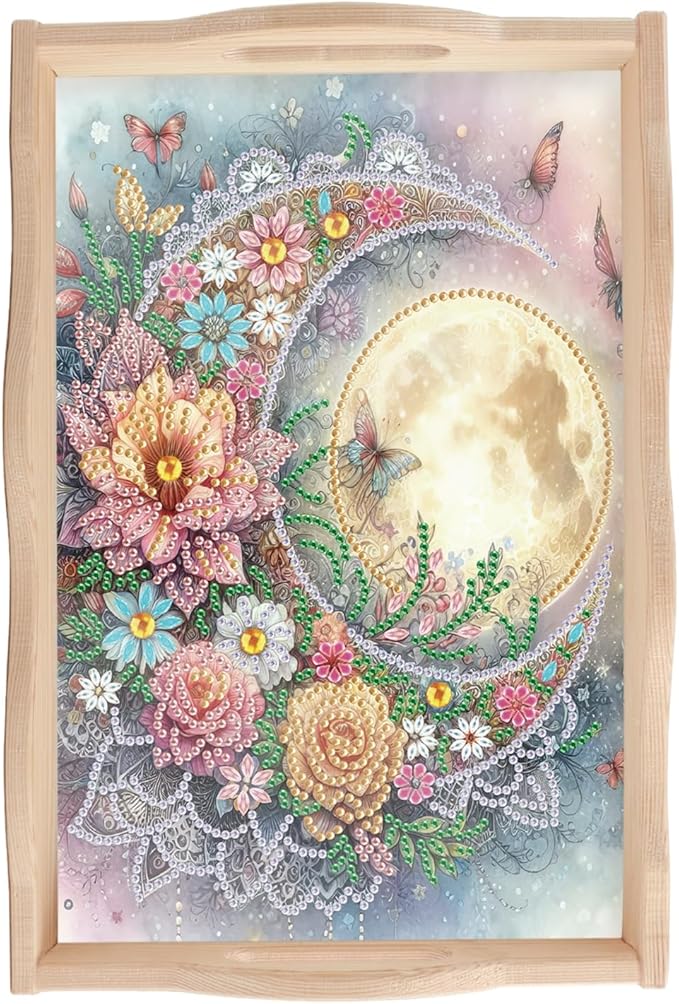 JISHSHAY Diamond Art Serving Tray Diamond Painting Food Tray Gem Art Serving Platter Gem Painting Mosaic Kits for Adults DIY Kits for Adults, with Wood Handle 20×30cm/7.87×11.81in, Moon Flower