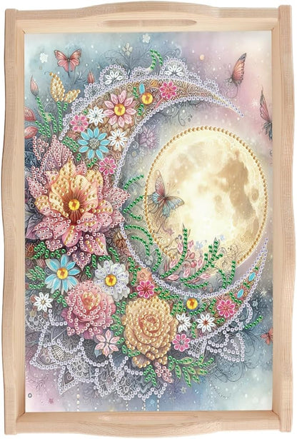 JISHSHAY Diamond Art Serving Tray Diamond Painting Food Tray Gem Art Serving Platter Gem Painting Mosaic Kits for Adults DIY Kits for Adults, with Wood Handle 20×30cm/7.87×11.81in, Moon Flower