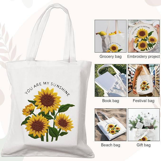 Nuberlic Canvas Tote Bag Embroidery Kit for Beginners Adults -Cross Stitch Kits Needlepoint with Sunflower Pattern Bag Reusable Eco-Friendly Shopping Bag