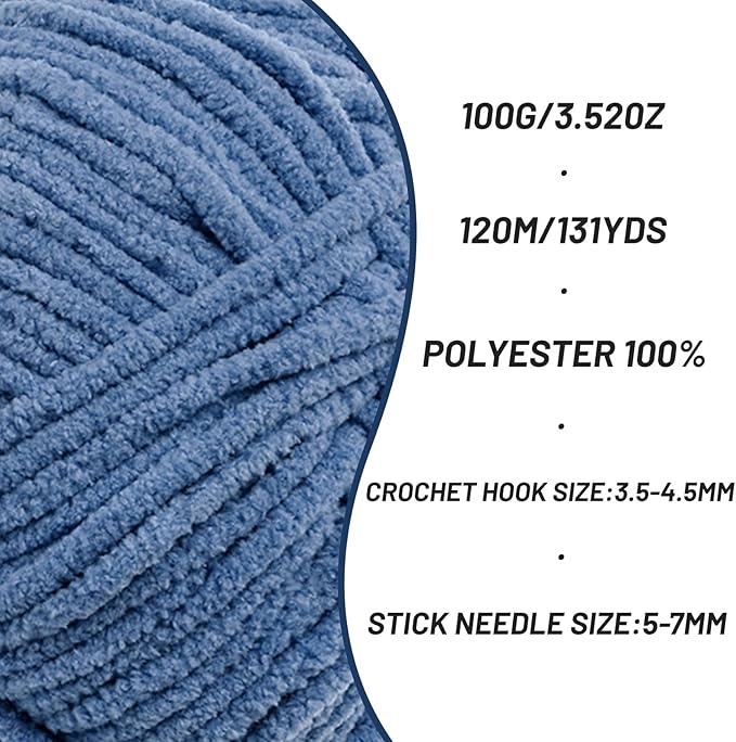 Plush Chunky Chenille Yarn for Crocheting, Soft Fluffy Velvet Yarn for Crocheting, Fuzzy Baby Blanket Knitting Yarns, 100g/131yds Bulky Amigurumi Yarns（Navy Blue）