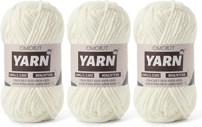 Fluffy Chenille Yarn for Crocheting - Baby Yarn for Crocheting Soft Blanket - 3 Pack of 100g/(87.4yds) Crochet Amigurumi Chunky Yarns - Super Bulky 5 Velvet Yarns (3 White)