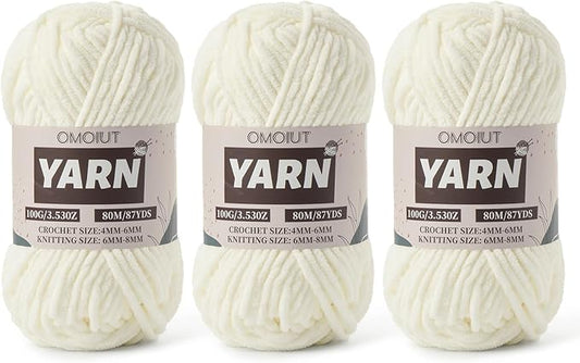 Fluffy Chenille Yarn for Crocheting - Baby Yarn for Crocheting Soft Blanket - 3 Pack of 100g/(87.4yds) Crochet Amigurumi Chunky Yarns - Super Bulky 5 Velvet Yarns (3 White)