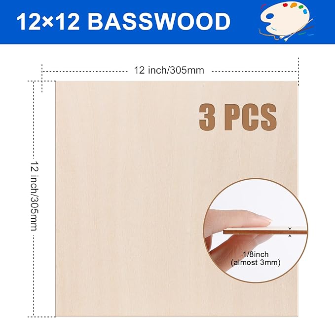 3 Pack Basswood Sheets 1/8"x12"x12", 3mm Basswood for Laser Cutting and Engraving,Thin Plywood Board Unfinished Wood for Crafts, DIY Ornaments and Architectural Model, Wood Burning.