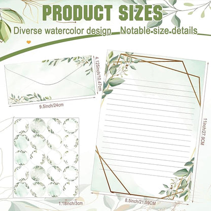 TaoBary 160 Pcs Stationery Paper Set 50 Double Sided Stationery Papers with 50 Matching Envelopes and 60 Round Dot Sticker, 10 Design(Green Leaves,8.5 x 11 Inch)