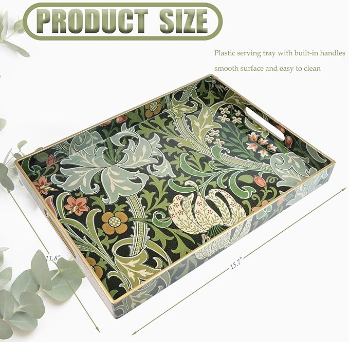 Spsyrine Serving Tray with Handles, Plastic Decorative Tray for Coffee Table, Living Room, Home Decor, Golden Lily