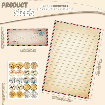 TaoBary 160 Pcs Stationery Paper Set 50 Double Sided Stationery Papers with 50 Matching Envelopes and 60 Round Dot Sticker, 10 Design(Vintage Travel,8.5 x 11 Inch)