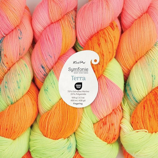KnitPro Symfonie Hand Dyed Yarn | Extra Fine Merino Wool & Polyamide Blend for Knitting & Crocheting, Fingering Weight, Oeko-TEX Certified 400m, 100g Skein | Terra Variegated Galaxy Glow