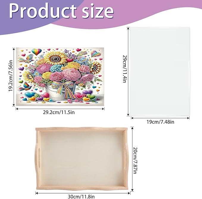 JISHSHAY Diamond Art Serving Trays Diamond Painting Food Trays Gem Art Serving Platter Gem Painting Mosaic Kits for Adults DIY Kits for Adults, with Wood Handle 20×30cm/7.87×11.81in, Flower