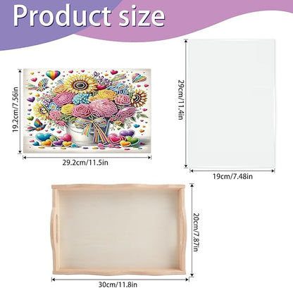 JISHSHAY Diamond Art Serving Trays Diamond Painting Food Trays Gem Art Serving Platter Gem Painting Mosaic Kits for Adults DIY Kits for Adults, with Wood Handle 20×30cm/7.87×11.81in, Flower