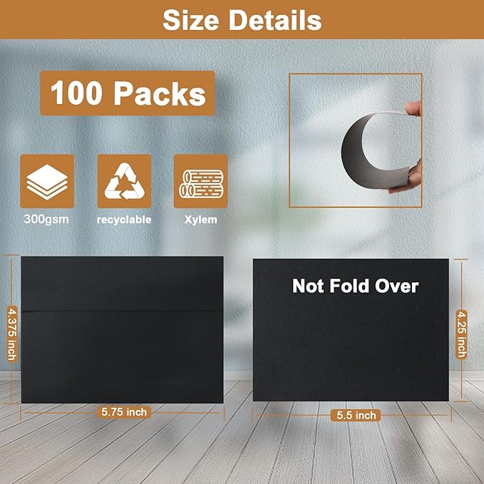 100 Packs Black Blank Cards and Envelopes 4.25 x 5.5 Heavyweight Single Panel Cardstock and A2 Envelopes Printable Self Seal for DIY Greeting Cards, Wedding Invitations, Graduations