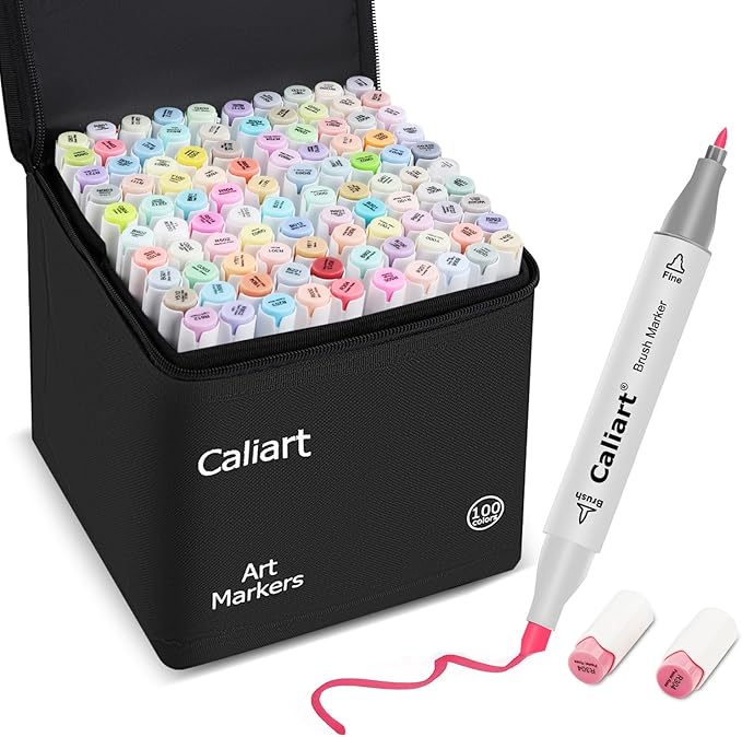Caliart Pastel Markers, 100 Colors Dual Tip Art Markers Sketch Pens Permanent Alcohol Based, with Case for Adults Artists Drawing Illustration Sketching Coloring