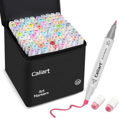 Caliart Pastel Markers, 100 Colors Dual Tip Art Markers Sketch Pens Permanent Alcohol Based, with Case for Adults Artists Drawing Illustration Sketching Coloring