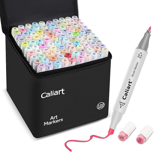 Caliart Pastel Markers, 100 Colors Dual Tip Art Markers Sketch Pens Permanent Alcohol Based, with Case for Adults Artists Drawing Illustration Sketching Coloring