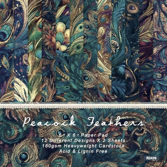 DESEACO 6x6 Inch Peacock Feather Themed Scrapbook Paper Pad – 24 Sheets, 12 Unique Designs, Single-Sided Premium Craft Paper for Scrapbooking, Cardmaking, and DIY Crafts